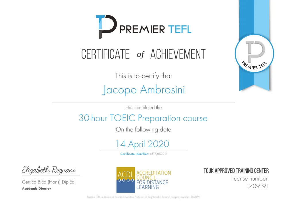 TOEIC Preparation Certificate — Premier TEFL