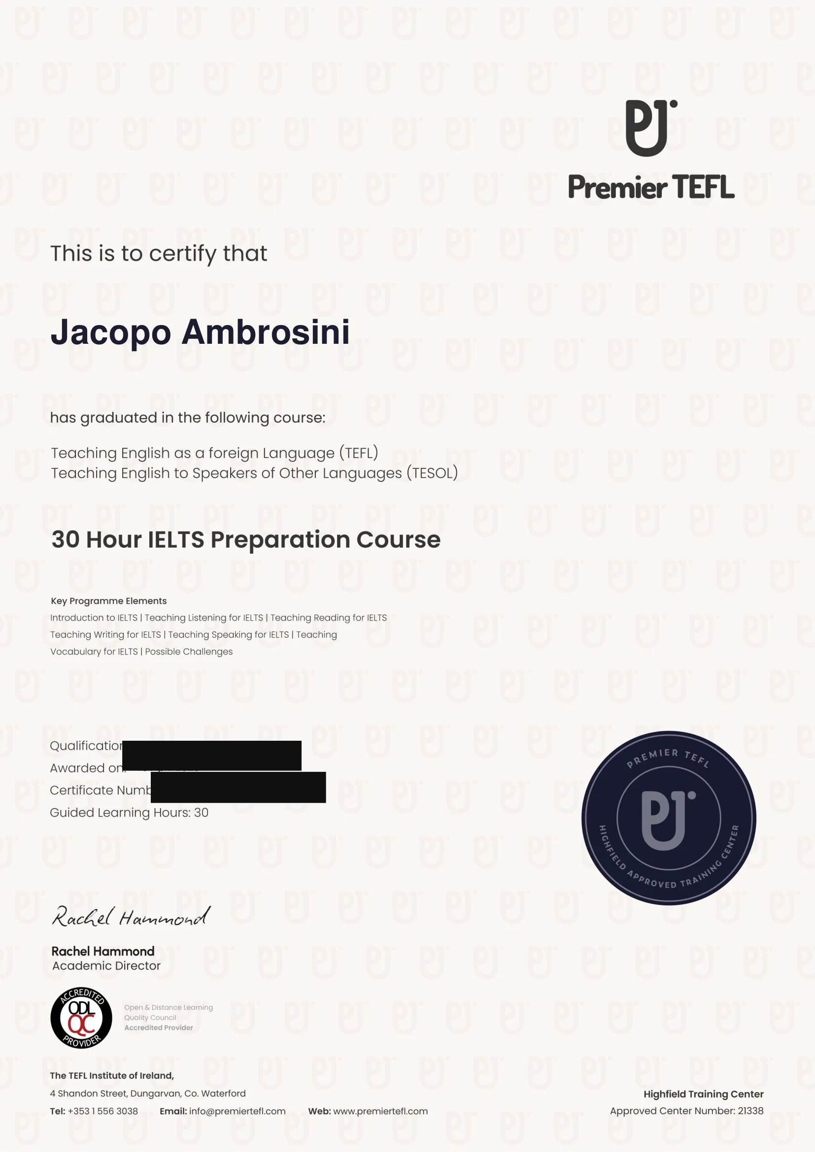 IELTS Preparation Course Certificate — Premier TEFL