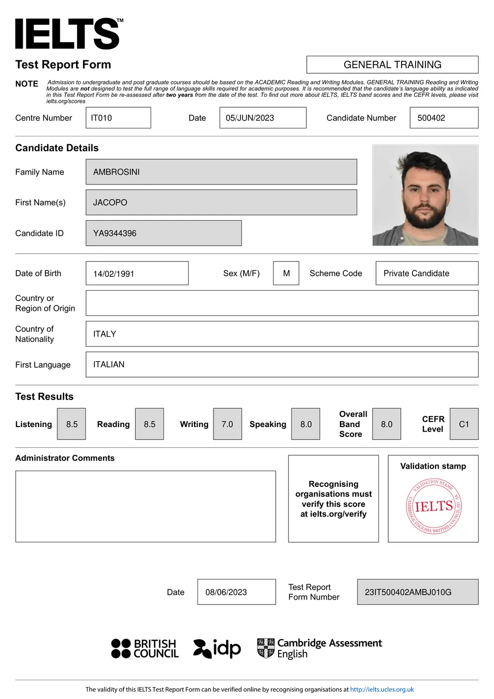 IELTS Test Report Form — Band 8.0 C1